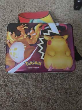 Pokemon Tin Case with Yellow Pikachu and Orange Charizard Artwork